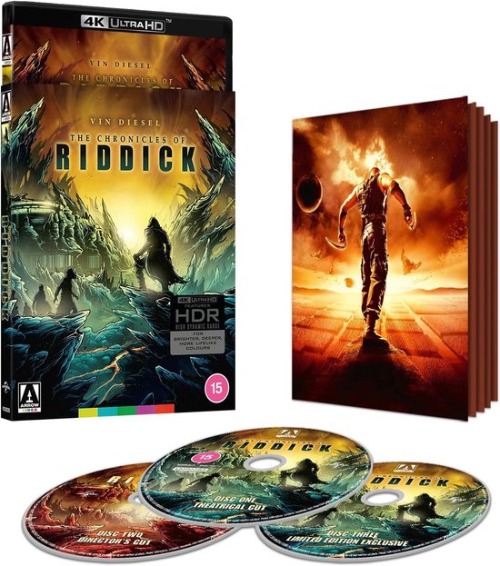 Boîte 4K Ultra HD de The Chronicles of Riddick avec boîtier, livret et trois disques.
