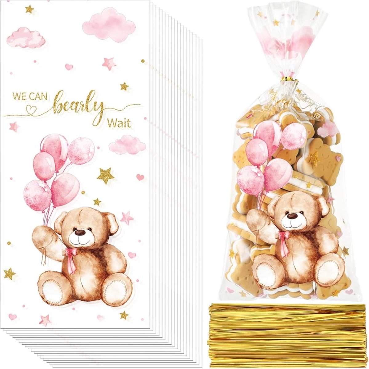 Babyshower of genderreveal cellofaan zakjes We can Bearly Wait roze 25 stuks - babyshower - genderreveal - geboorte - zwanger - kraamfeest - baby - zakje - bedankje - traktatie