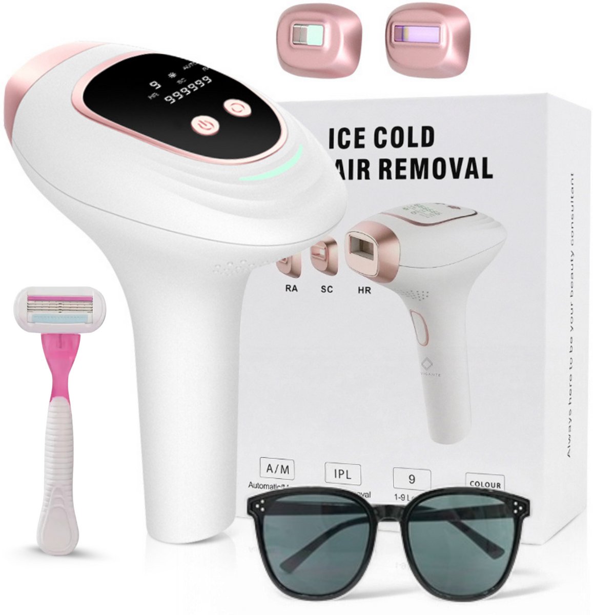Envigante IPL Ontharingsapparaat | Laser Ontharing | Ice Cooling | 9 Niveaus | Incl. 2 Opzetkoppen | Langdurig haarvrij | Benen & Armen | Hele lichaam