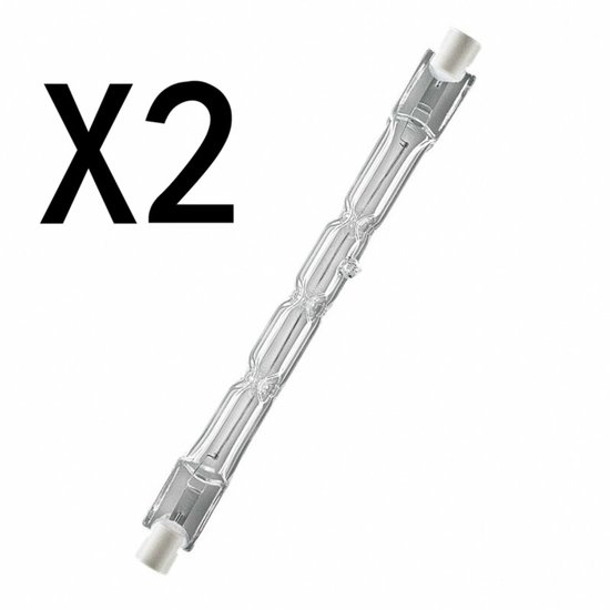 Twee halogeenlampen met R7s fitting op een witte achtergrond. De lampen zijn 118mm lang en 300W.