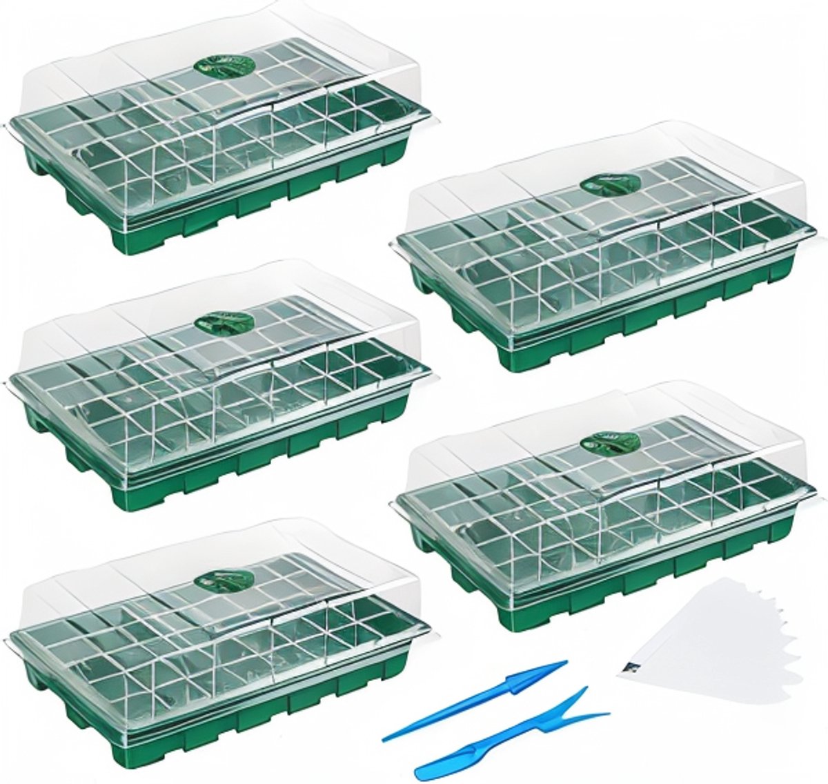 Famanu Zaadbakken Propagator voor Planten Kas 5 Pack Garland Propagators met Deksels 200 Cels Zaailing Tray Groeiende Potten Trays Plant Kieming Kit Plastic Vermeerdering Set voor Tuin