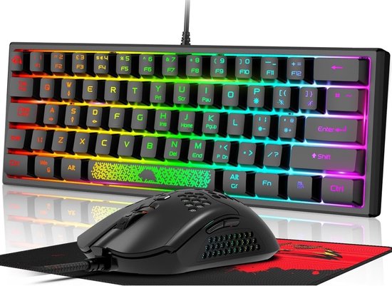 StayPowered 60% Gaming Toetsenbord Set - De Essentie van Gaming in één Compacte Set! - Instelbare Verlichting - Ergonomisch en Compact Design - met Ultralichte Muis & Muismat - Complete Gaming Set - Zwart - Levering Sneller dan Aangegeven!