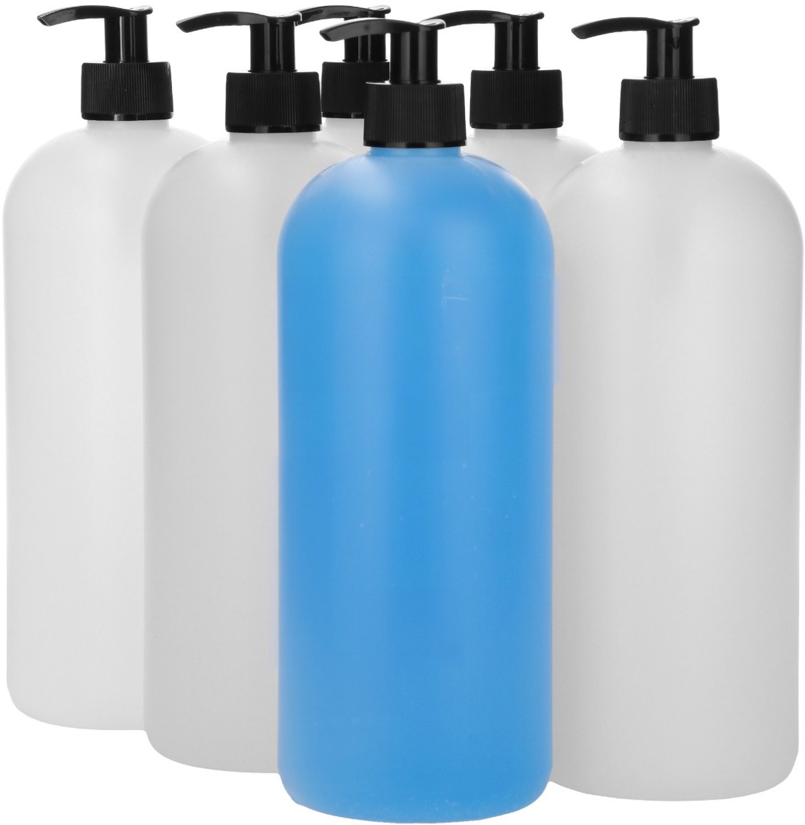 6 x 1000 ml ronde fles HDPE naturel + Zeepfles Dispenserpomp zwart - BPA Vrij - Niet Breekbaar - Plastic Flesjes Navulbaar - Met Dop - Lege Flessen - 6 stuks.