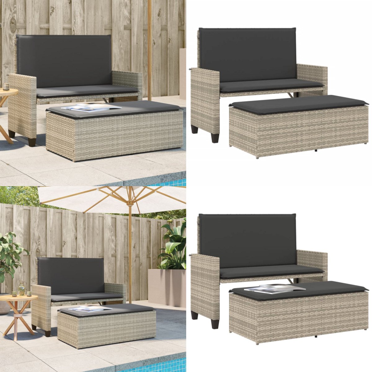 Bol.com vidaXL - Tuinbank - met - kussens - en - voetenbank - poly - rattan - lichtgrijs aanbieding