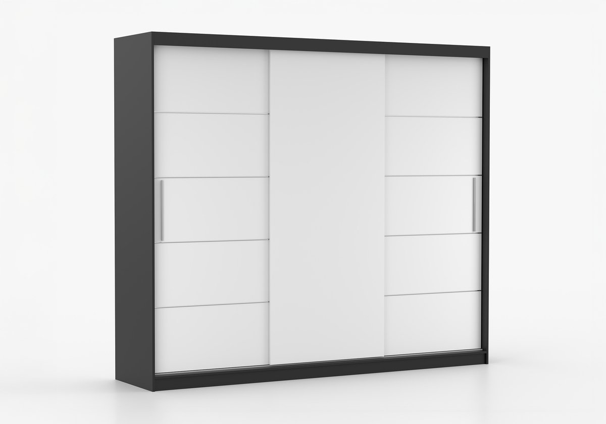 Schuifdeurkast ELBA II – 3-deurs kledingkast, legplanken en kledingroede – modern design – 250x218x61 cm - ELBA II (Zwart + Wit)