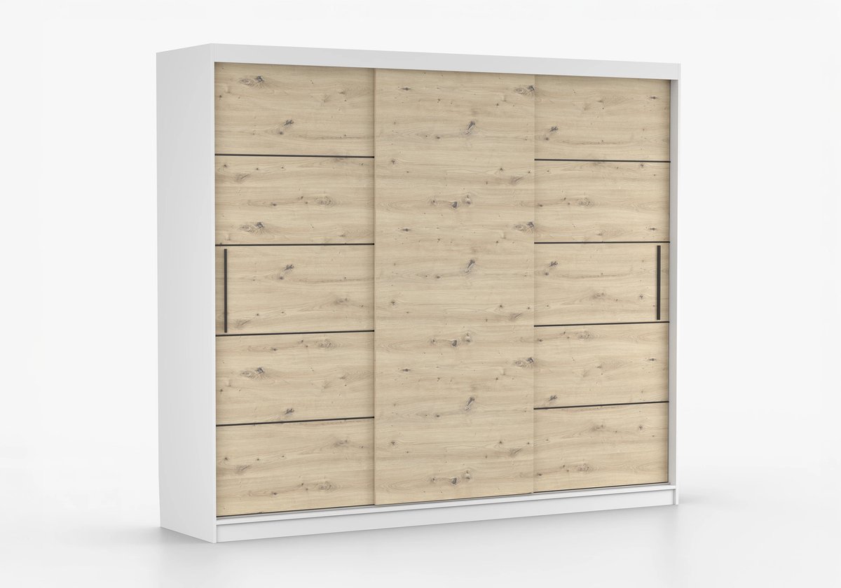 Schuifdeurkast ELBA II – 3-deurs kledingkast, legplanken en kledingroede – modern design – 250x218x61 cm - ELBA II (Wit + Artisan)