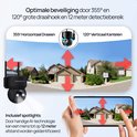 Zwarte Protectly beveiligingscamera met 355° horizontale en 120° verticale draaihoek. Inclusief spotlights.