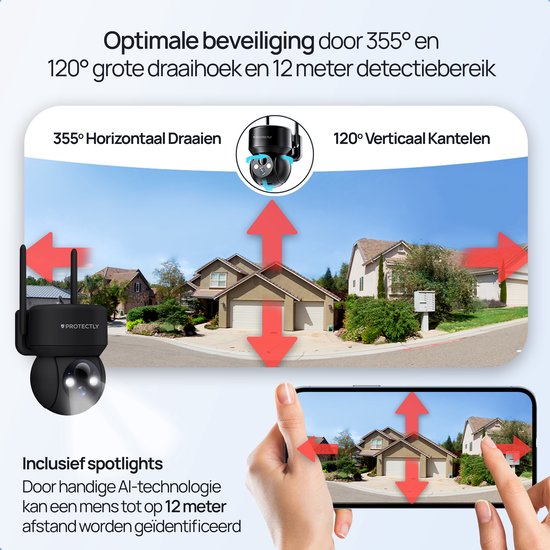 Zwarte Protectly beveiligingscamera met 355° horizontale en 120° verticale draaihoek. Inclusief spotlights.