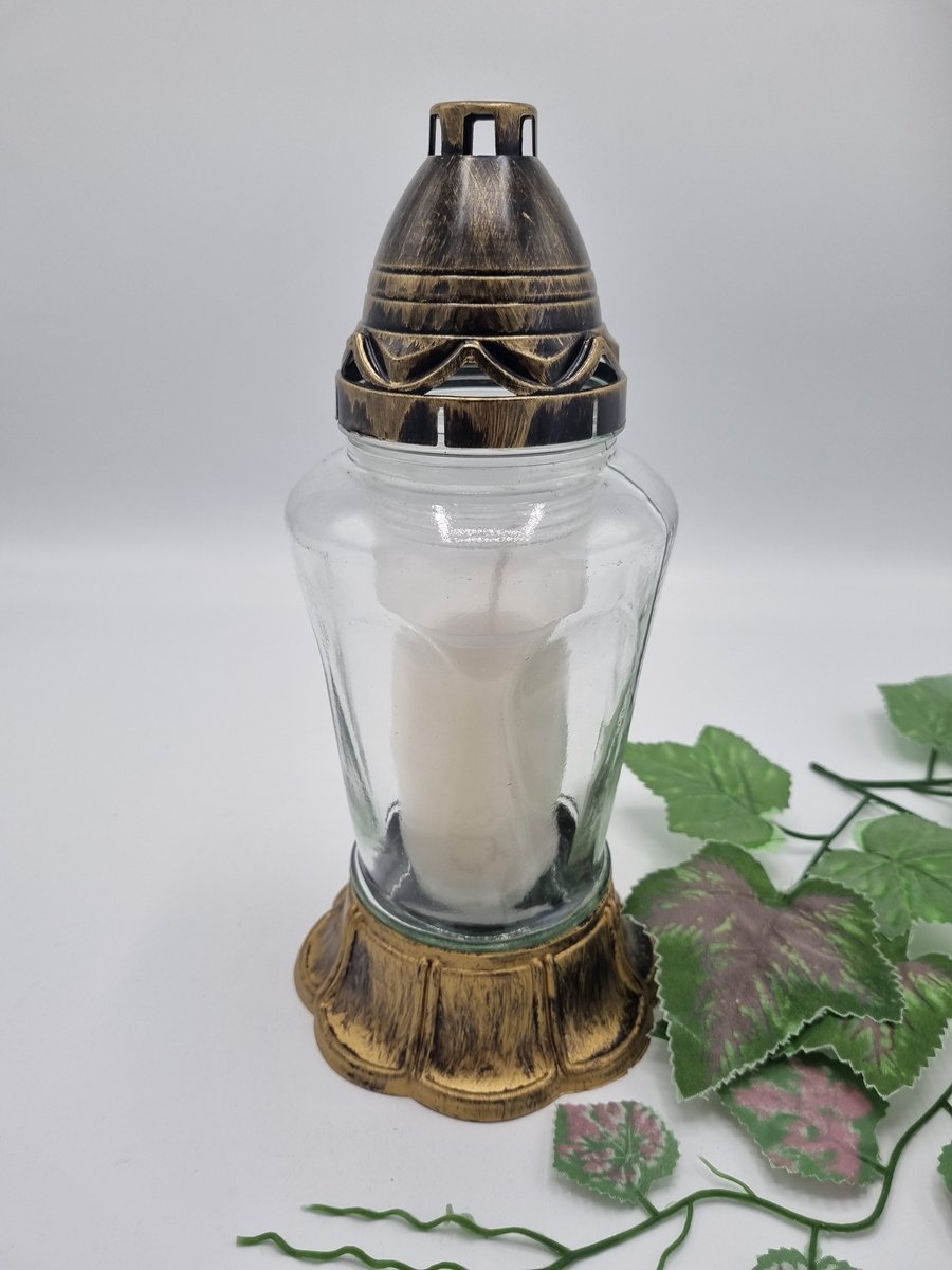 Herdenkingslichtjes Herdenkingslicht - P38 - Goud - incl kaars - Transparant glas - Grafkaars - Graflicht - Windlicht