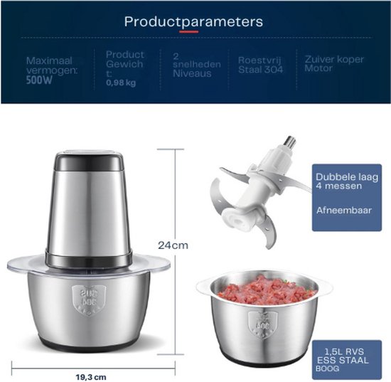 AMZCHEF elektrische keuken keuken keukenmachine, 500W, mini keukenmachine met 1.5L roestvrij stalen kom, 4 scherpe messen, multifunctionele fruit, groenten, vlees en kruiden hakker