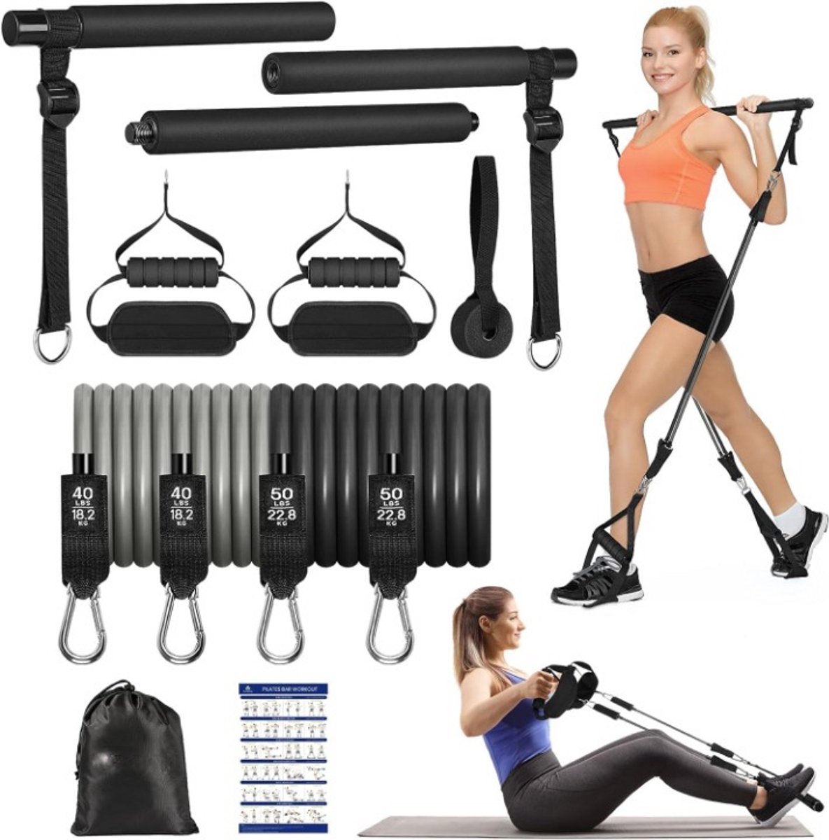 Pilates set - Pilates Stang - 6 Fitnessbanden - Verstelbare - Afneembare Weerstand Stang - met Verschillende Elastische Elastieken - voor Spiertraining - Thuis - Gym - Krachttraining - Natuurlijk Latex - 180 lbs Weerstand - Zwart