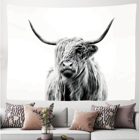 Ulticool Wandkleed 200x150 cm – Schotste Hooglander Koe Zwart Wit – Met Bevestigingspinnen - voor Binnen - Aesthetic Room Decor Wandtapijt Decoratie Poster Boho Wanddoek Slaapkamer Natuur Schilderij Canvas - Vrouw Man Tiener Meisje