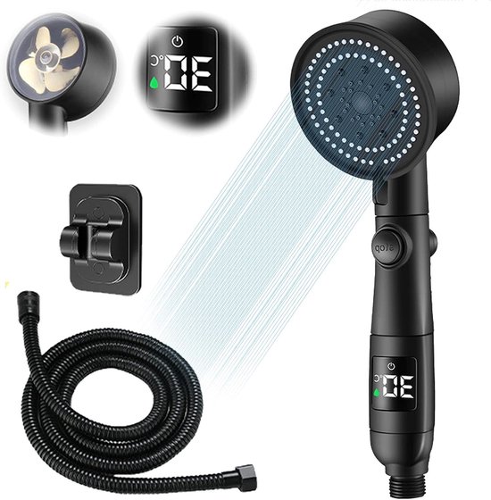 Handdouche, temperatuurweergave, 1 set waterbesparende douche met temperatuurweergave, 2 m doucheslang met waterstop, 5 modi, 9 cm diameter, hogedruk badhanddouche, met geperforeerde houder (zwart