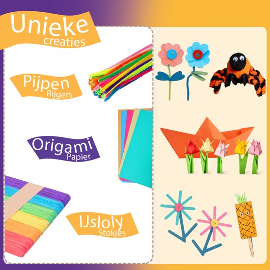 Overzicht van knutselmaterialen uit de Mega Knutselset: gekleurde pijpragers, origamipapier, ijslollystokjes. Knutselvoorbeelden: bloemen, boot, paddestoel, ananas.