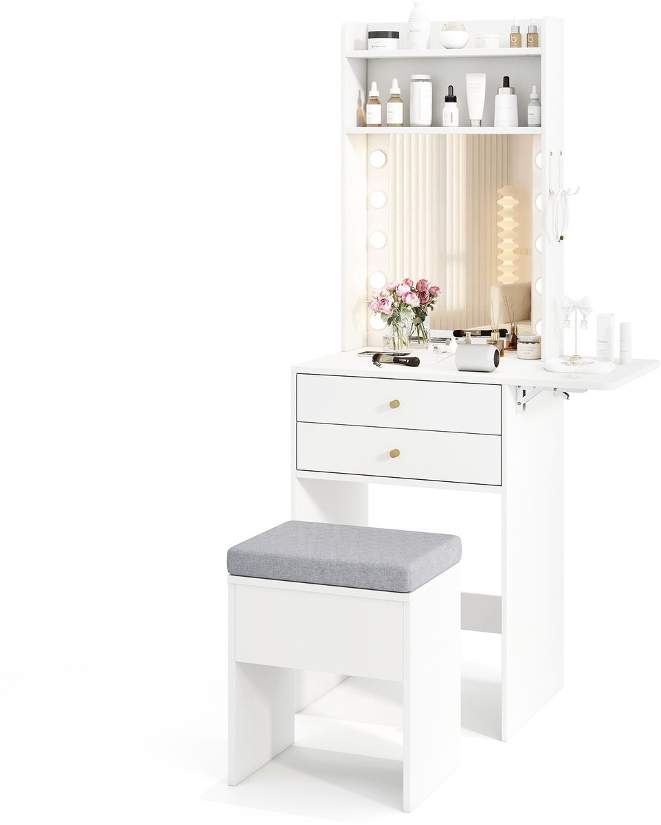 COSTWAY Make-uptafel met verlichting, kaptafel met laadstation, spiegel, laden, planken en inklapbaar tafelblad, kruk met opbergruimte, make-uptafel voor kleine ruimtes, wit