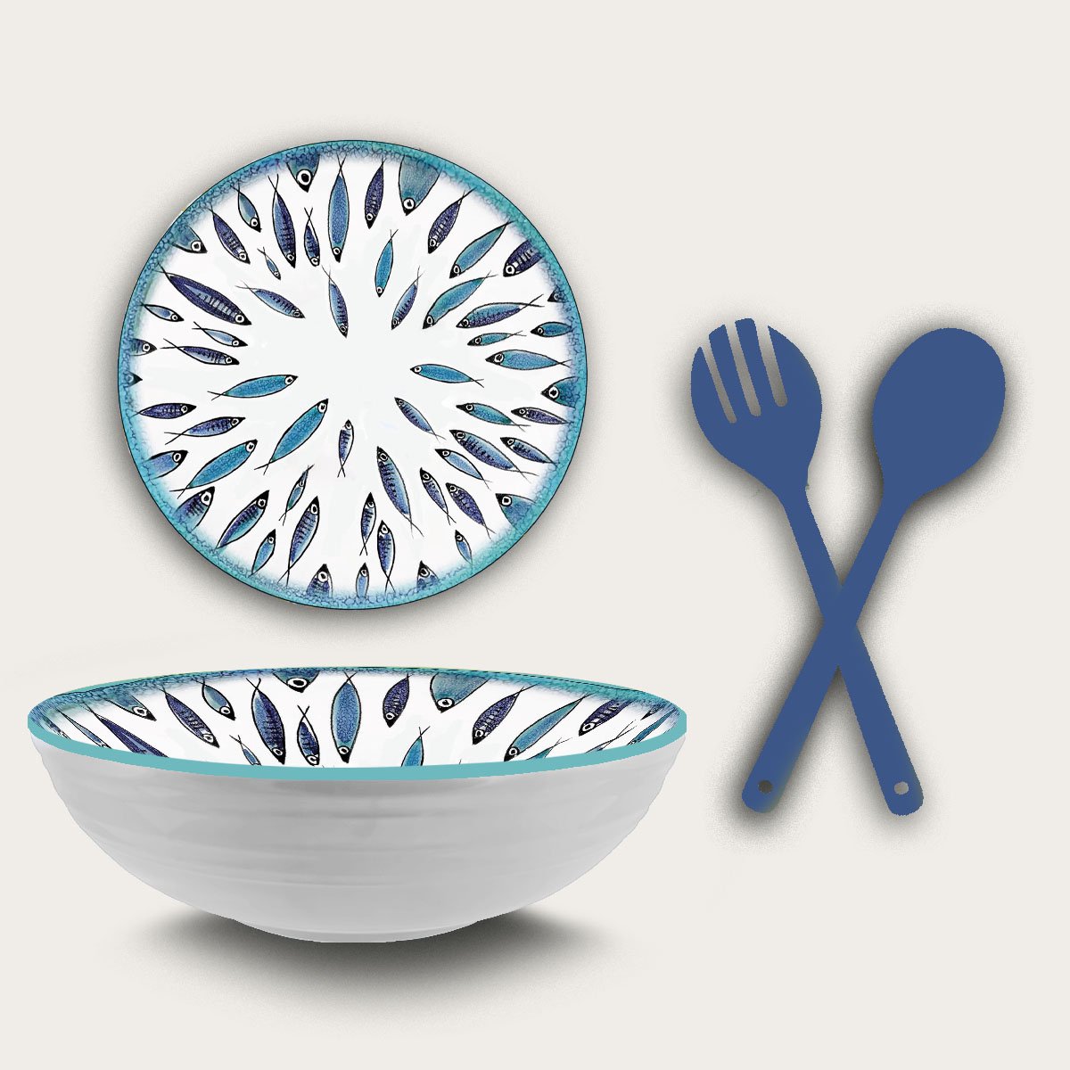 Arca Fish collection - Melamine salade/serveerschaal Ø28cm inclusief slabestek – licht in gewicht – makkelijk stapelbaar – voor binnen en buiten
