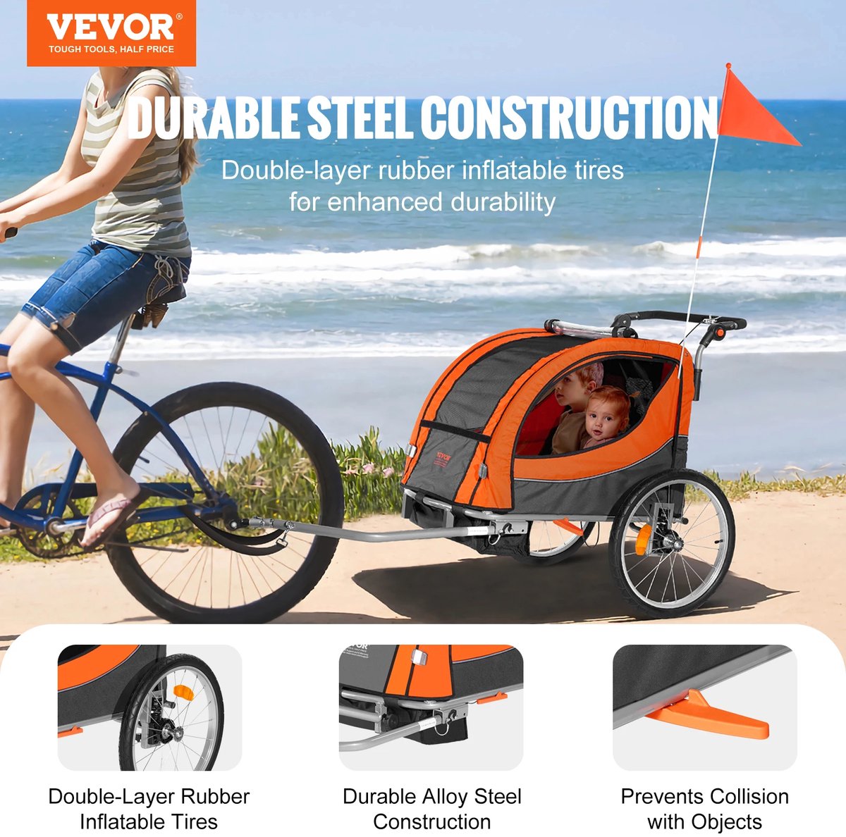 Vevor 88/100 Lbs Kind Fiets Aanhanger Dubbelzits Drager Converteert Naar Kinderwagen Opvouwbare Kinderen Fietsaanhanger Voor Peuters Kinderen Kinderen - AliExpress