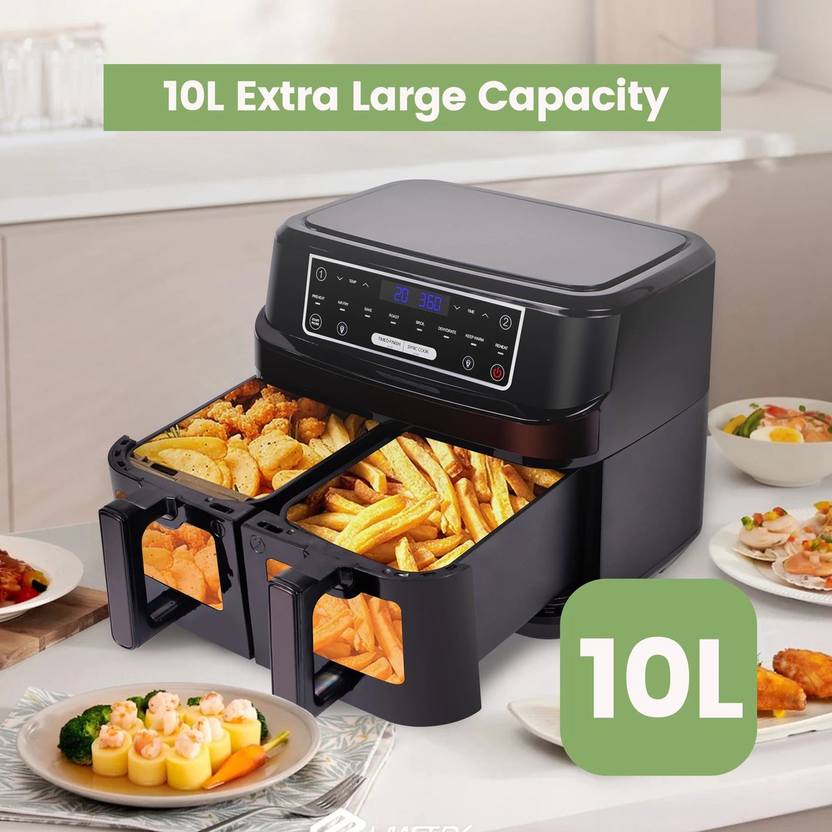 Afbeelding 3 van Airfryer - Airfryer xxl - Heteluchtfriteuse - Touchscreen - 2 compartimenten met kijkvenster - Gescheiden instellingen - 10L