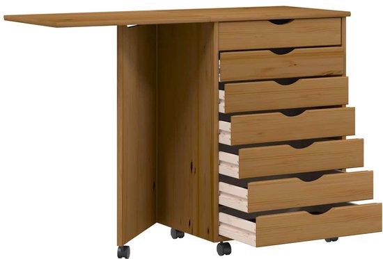 Ladekast met bureau MOSS verrijdbaar massief grenen honingbruin