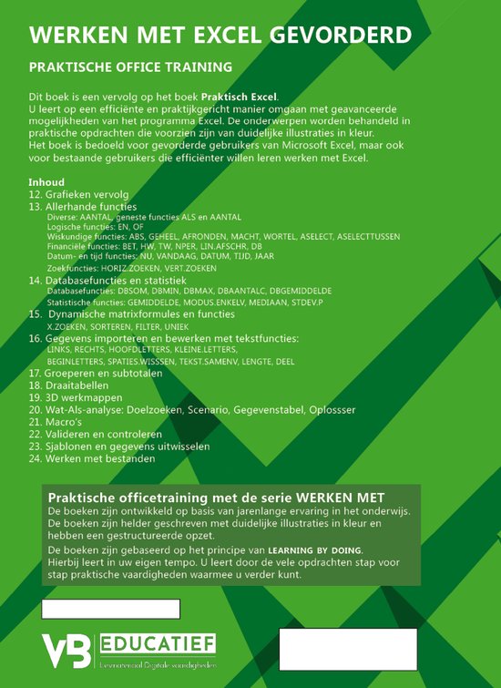 Omslag van het boek "Werken met Excel Gevorderd" met een inhoudsopgave en informatie over de praktische kantoortraining.