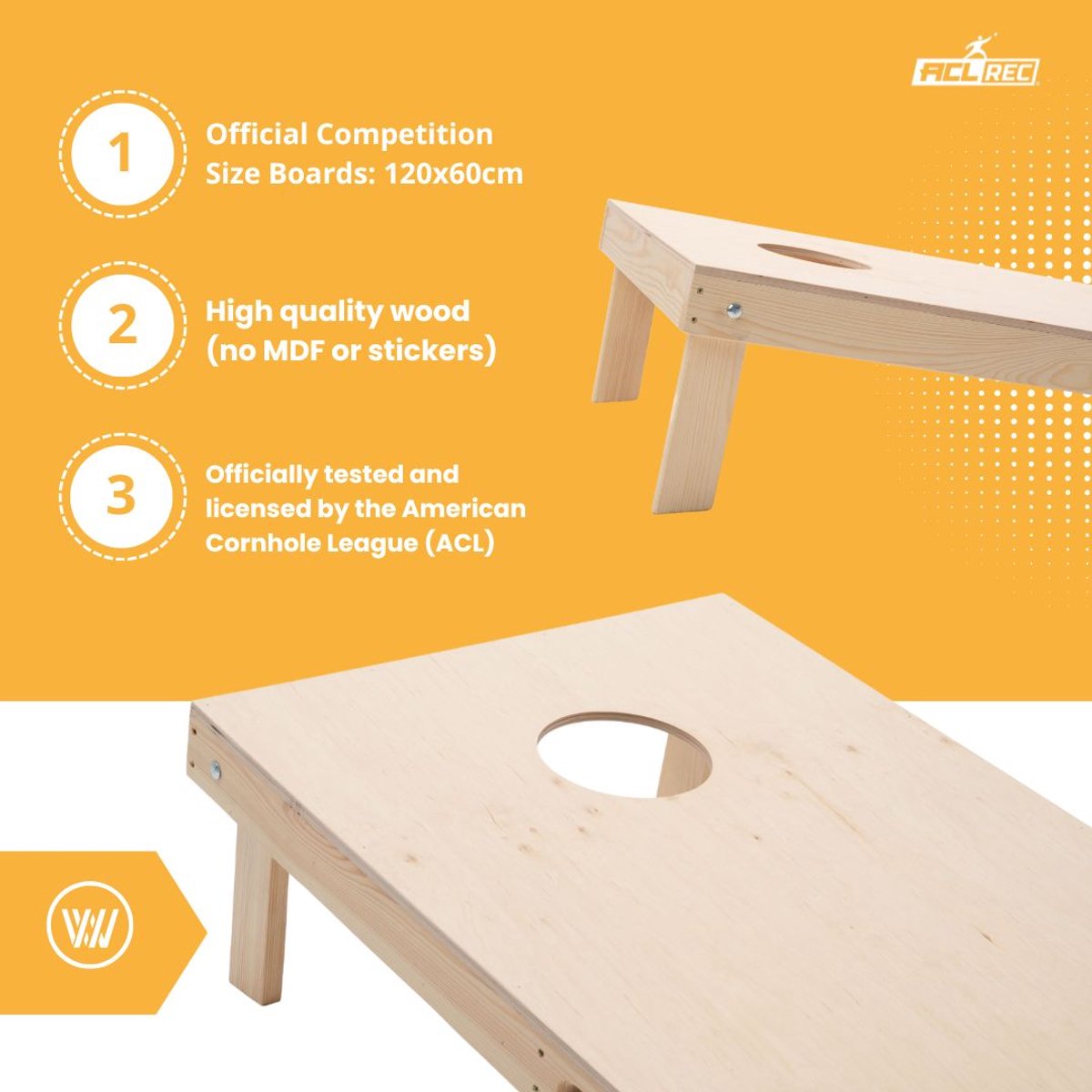 Wicked Wood Games – Cornhole Set Blanco – 120x60 cm – Inclusief 2 Boards en 8 Zakjes – 100% Hout – Officiële ACL Licentie — afbeelding 4