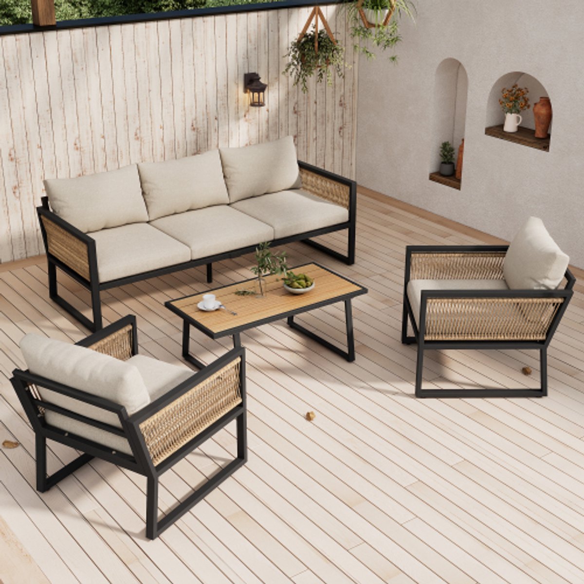 Tuin lounge stoel set, 4-delig Tuinmeubelset, 3-zitsbank, 2 fauteuils en salontafel, buiten, tafelblad van kunststofhout, armleuningen van gevlochten touw, gegalvaniseerd staal, beige