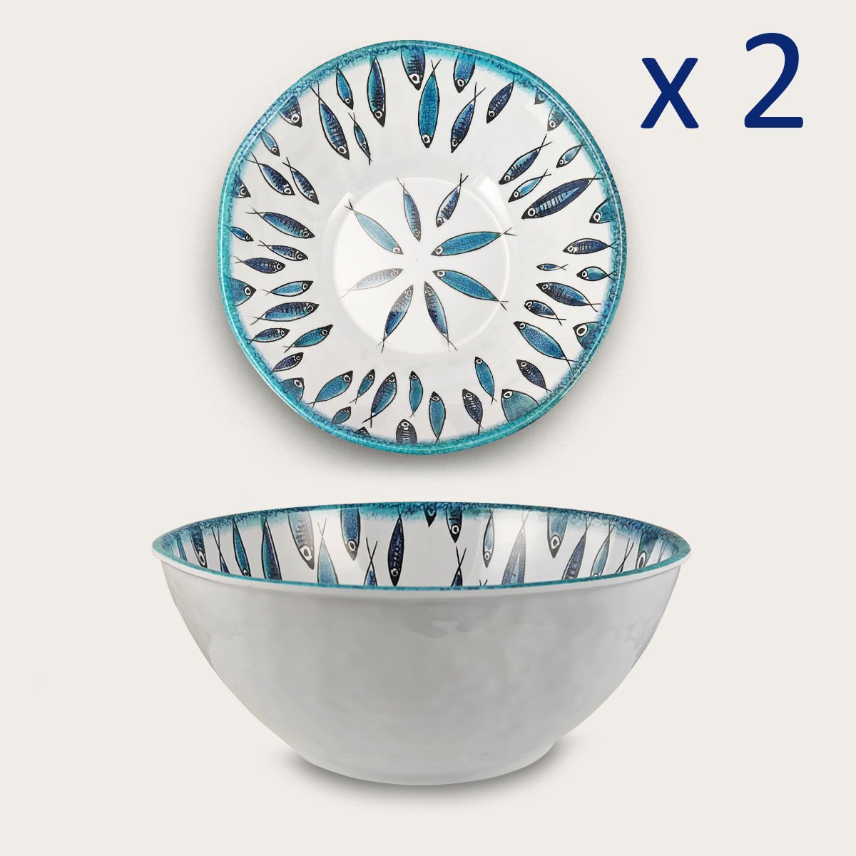 Arca Fish collection - Set van 2 Melamine kommen Ø22xH9cm – licht in gewicht – makkelijk stapelbaar – voor binnen en buiten