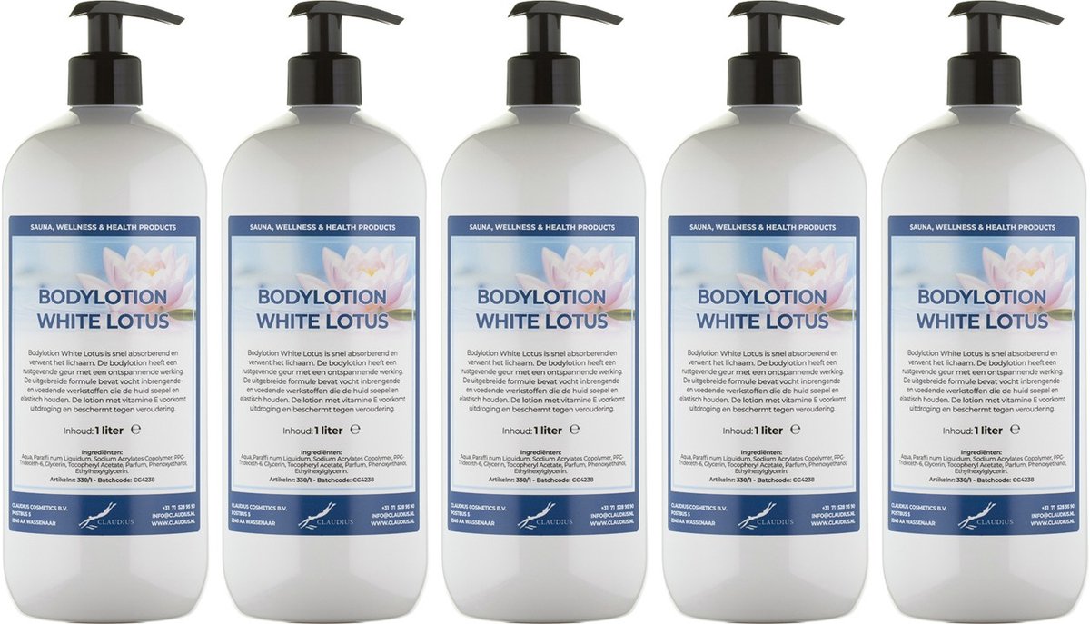 Bodylotion White Lotus 1 Liter - met gratis pomp - set van 5 stuks - Voordeelverpakking
