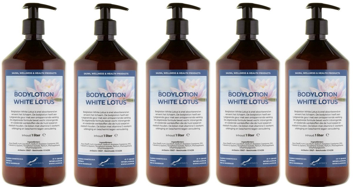 Bodylotion White Lotus 1 Liter - met gratis pomp - set van 5 stuks - Voordeelverpakking