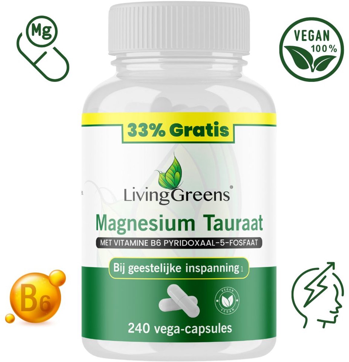 Livinggreens Magnesium tauraat + vitamine B6 voordeelverpakking 240 Vegetarische capsules