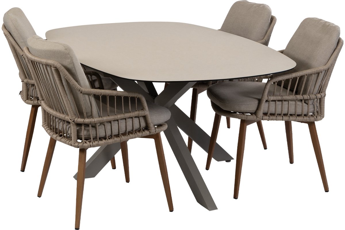 5-delige tuinset | 4 Isabel tuinstoelen (Sand/Wood) | Tuintafel Malaga 180x115cm (Camel)