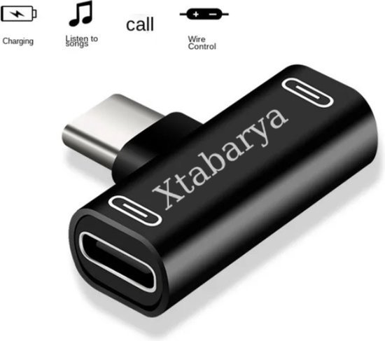 Zwarte USB-C splitter met merknaam 'Xtabarya', met pictogrammen voor opladen, muziek en bellen.
