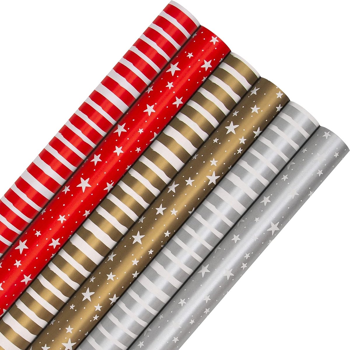 Kerst Cadeaupapier Set - 6 Rollen, Feestelijke Designs met Sterren en Strepen in Rood, Goud en Zilver