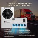 Witte 12V/24V Sunster airconditioner voor campers en vrachtwagens, met een grote ventilator en vijf luchtuitlaten.