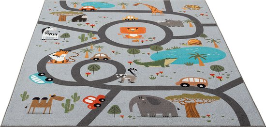 the carpet Happy Life Kinderkamer, kindertapijt, speeltapijt, wasbaar, dieren, jungle, auto, grijs met safari motief 120 x 160 cm van Paco Home — afbeelding 5