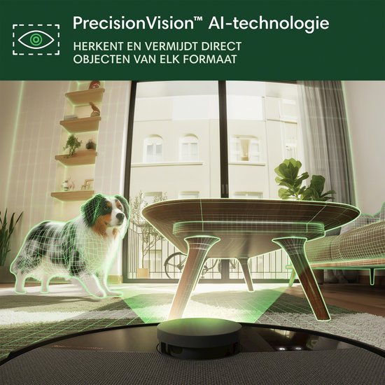 Zwarte robotstofzuiger met PrecisionVision AI detecteert een hond en tafel.