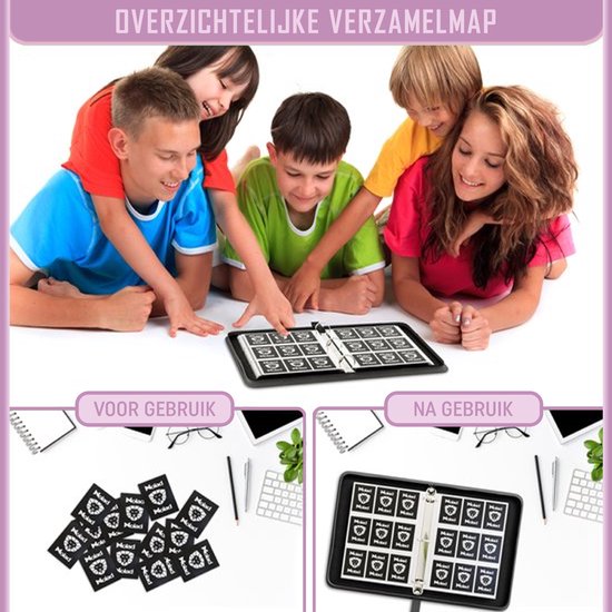Twee voorbeelden van de Nolad verzamelmap: een met losse kaarten, een met kaarten in de map. Met de tekst 'VOOR GEBRUIK' en 'NA GEBRUIK'.