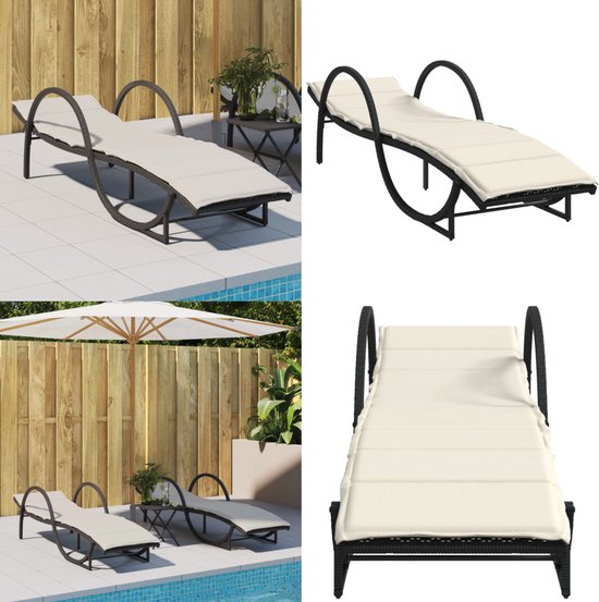 vidaXL Ligbed met kussen poly rattan zwart, tuinstoel, terrasmeubel, zonnebed, tuinmeubel, ligstoel, tuinbed, ligbed tuin, ligstoel tuin