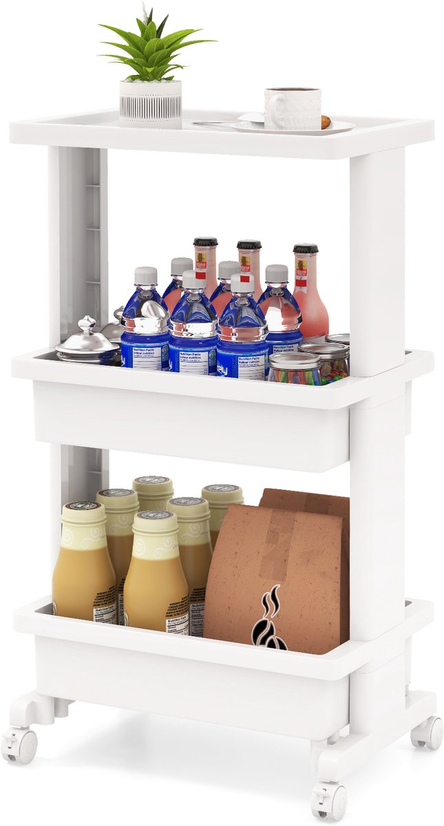 COSTWAY 3-traps rolwagen met tafelblad, kunststof trolley met afsluitbare wielen, multifunctionele opbergwagen met 2 open planken voor keuken, badkamer, wit