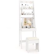 COSTWAY 3-in-1 make-uptafel & ladderrek & bureau met klapspiegel en 3 haken, kaptafel met 2 planken en 6 vakken, make-uptafel met kruk, make-uptafel wit, 40 x 60 x 180 cm