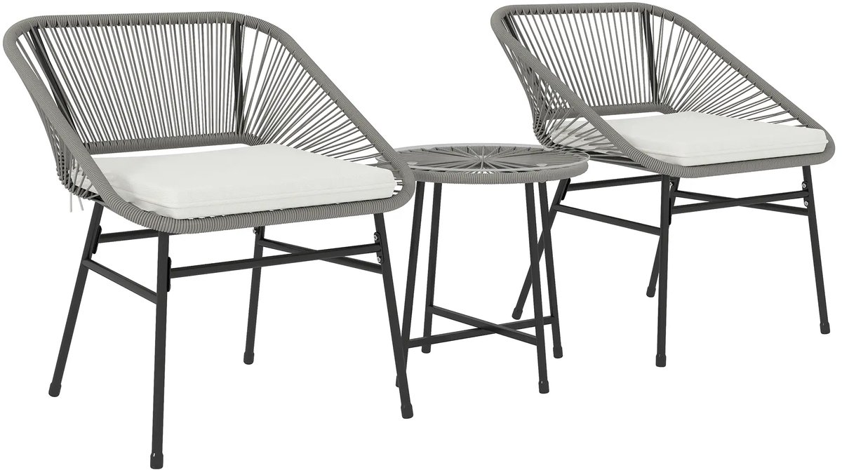 Balkonset 2 personen - Tuinset - Bistroset - Grijs - 3 delig - Met kussens - Tuintafel en 2 stoelen - Gecoat staal - Onderhoudsvrij staal