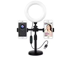 LED Selfie Ringlamp met twee houders - Met statief - Dubbele Telefoonhouder - Dimbaar - 2 lichtstanden – Verstelbaar Licht voor Streamen, Fotografie & Live Uitzendingen - Telefoon standaard - Geschikt voor Iphone & Samsung - Telefoonstatief