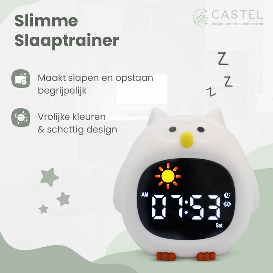 Castel Kinderwekker en Slaaptrainer Uil - Digitale Wekker met White Noise, Nachtlamp, Dimbaar LED Display en Instelbaar Meerkleurig Licht - USB Oplaadbaar van castel — afbeelding 4