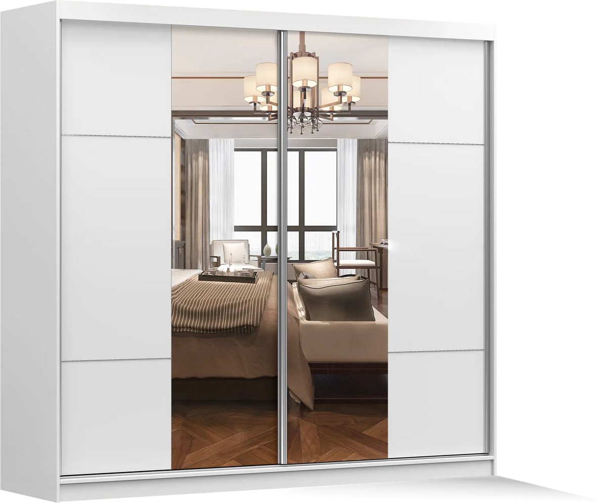 Schuifdeurkast BEN 38 – 2-deurs kledingkast met spiegel, legplanken en kledingroede – modern design – 233x218x61 cm - BEN 38 (Wit)