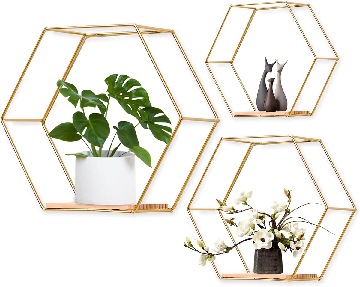 Hexagon Wandplank Set van 3 - Gouden Decoratie voor Elk Interieur