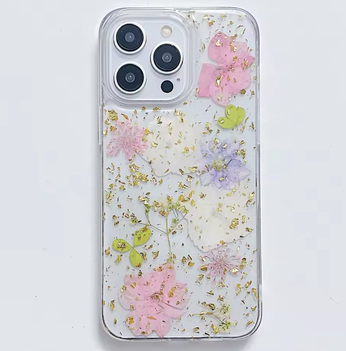 Iphonehoesje met echte gedroogde bloemen (roze, blauw, wit) geschikt voor Iphone 13
