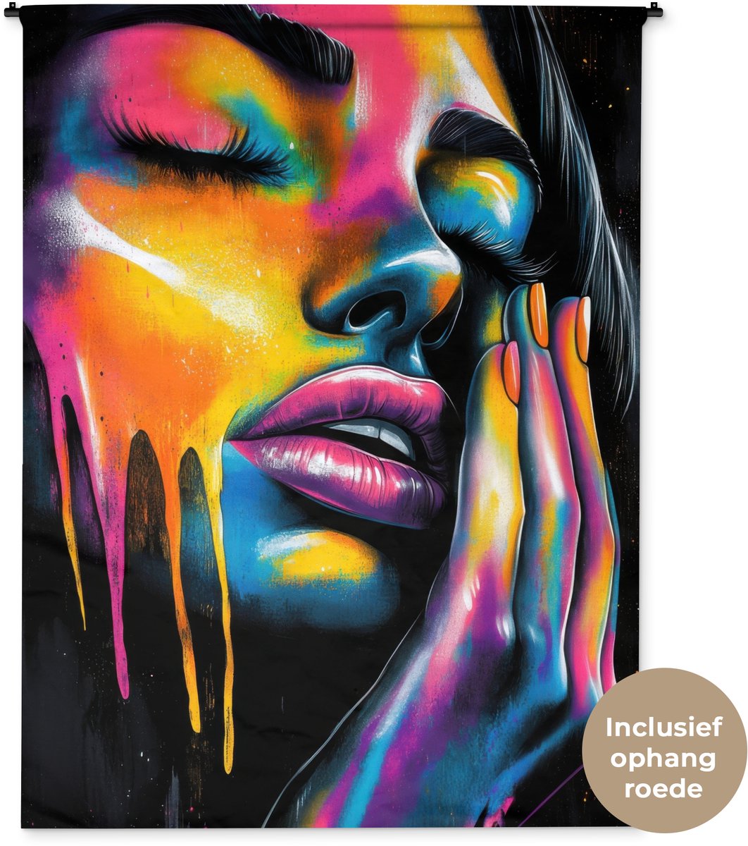 Wandkleed 150x200 cm - Wanddoek Vrouw - Gezicht - Verf - Kunstzinnig - Wandtapijt - Wandkleden