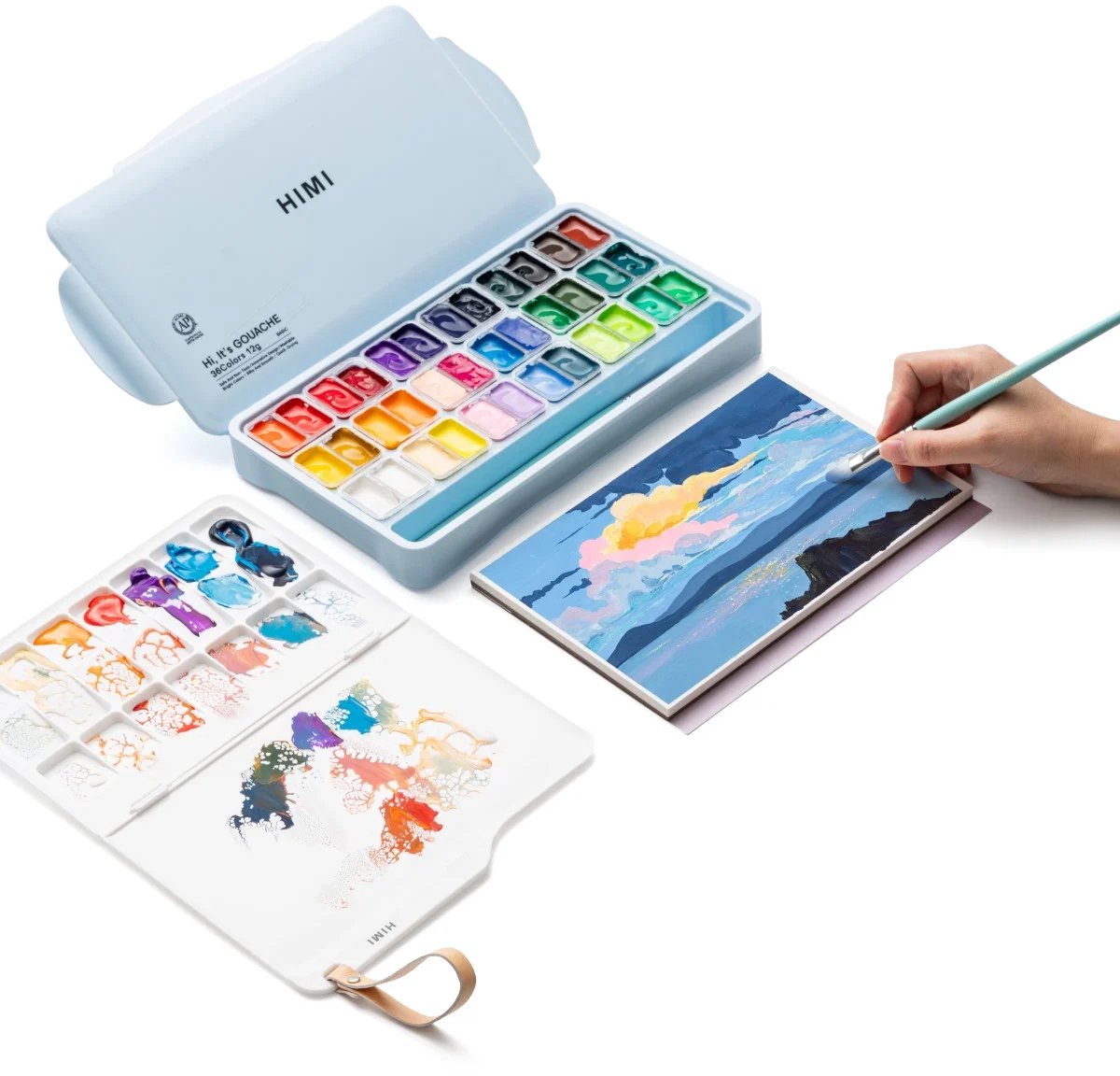 HIMI - Gouache - Twin split cups - set van 36 kleuren - 12g - 3 penselen - Ice Blue — afbeelding 8