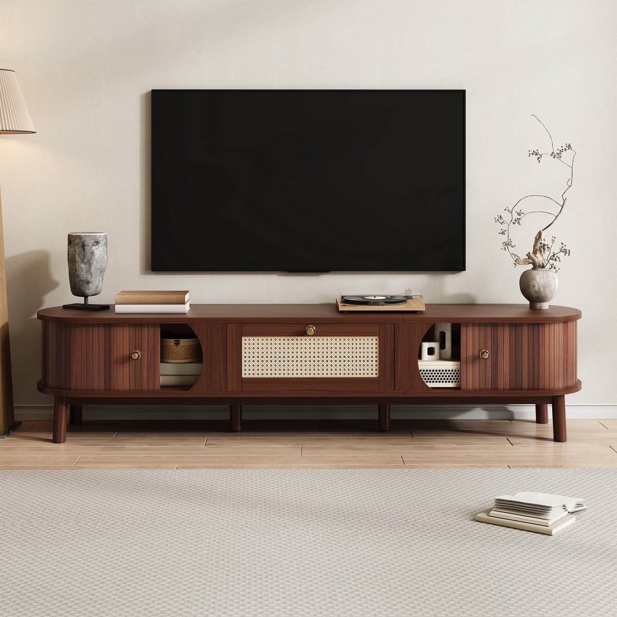 Sweiko TV-meubel - Natuurlijke houtnerf - Rotan laden - Rustiek - Bruin