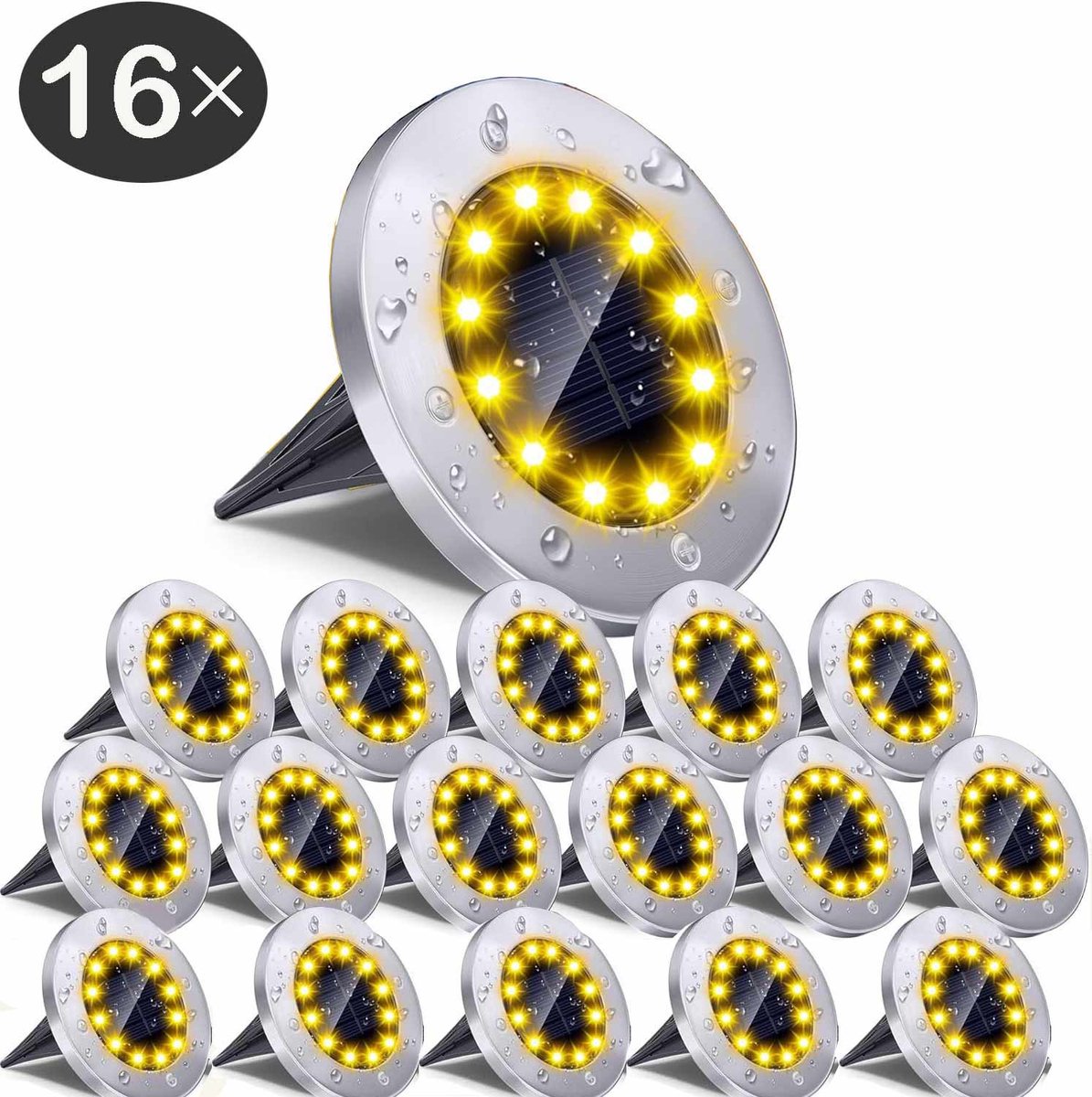 Meedeer 16 Leds Solar Grondspots voor buiten(16 stuks) -Warm wit-RVS Grond Spots op Zonne-energie met 16 LED Spotjes-10 Uur Buiten Verlichting in Tuin-IP65 Waterdicht -Tuinverlichting Lamp op zonne energie-Buitenverlichting Tuinlamp